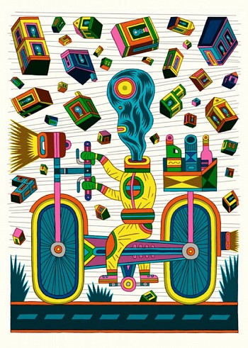 Bicycle under a rain of houses